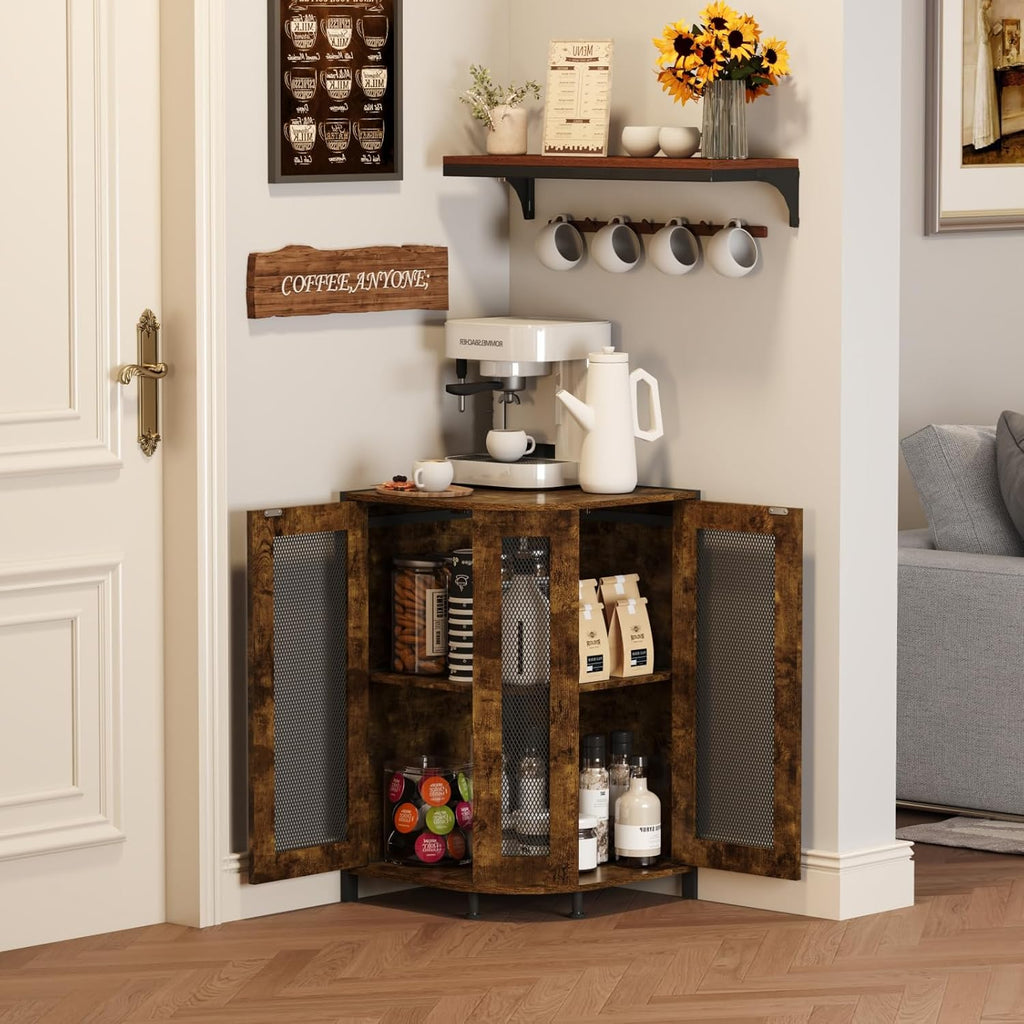 keomaisyto 3-Tier Corner Coffee Cabinet with Storage Shelf, Rustic Wood T23526
