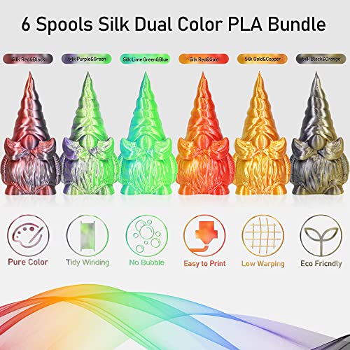 MIKA3D Bicolor Silk PLA 3D Printer Filament Bundle, 1.75mm, 6 Spools V5573