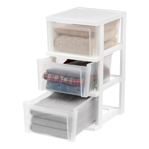 IRIS USA Plastic Drawer Storage Organizer, 3-Drawers, 2-Pack, Black/Clear J77123