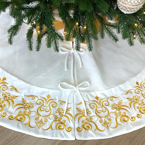 Burgundy Victorian Velvet Christmas Tree Skirt with Gold Damask Embroidery Q6345