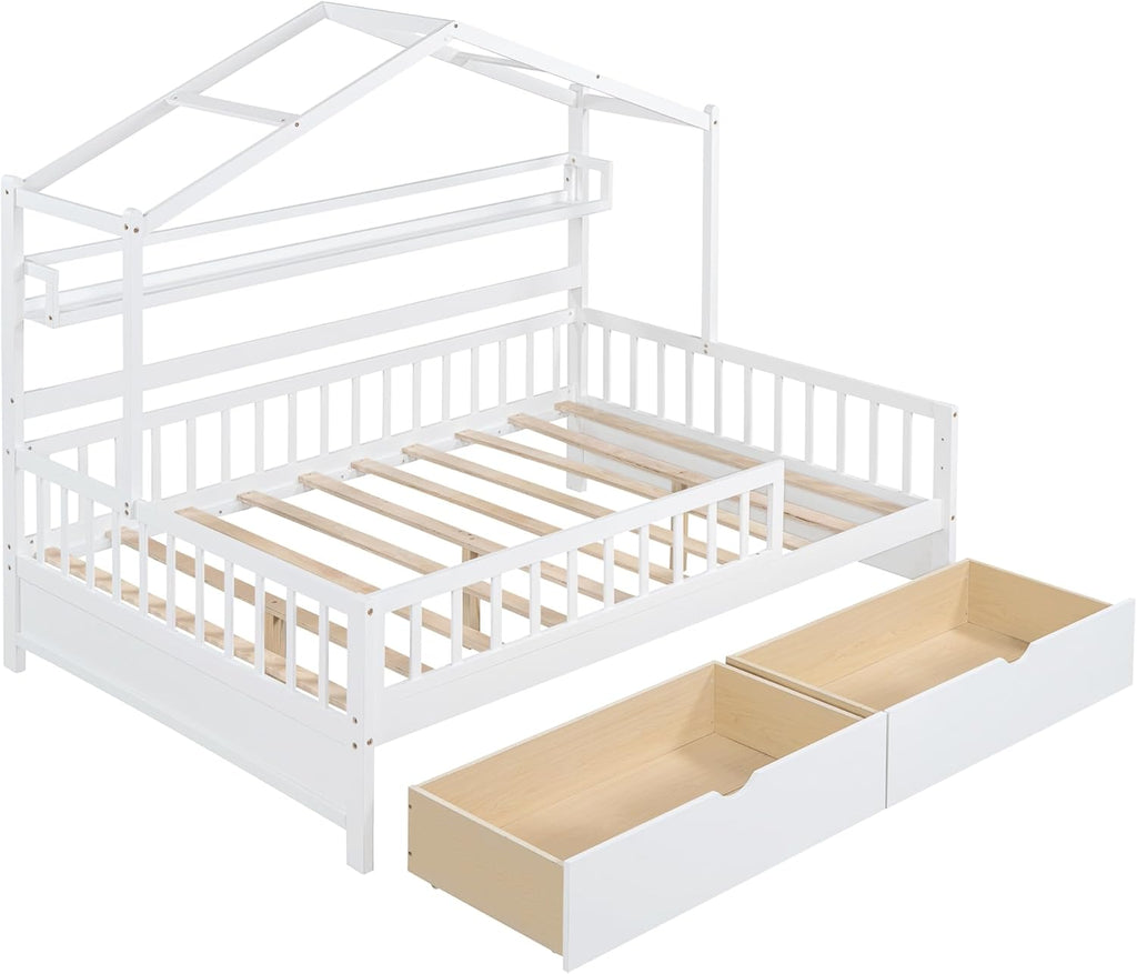 Wooden Full Size House Bed Frame with 2 Drawers and Storage Shelf T40310