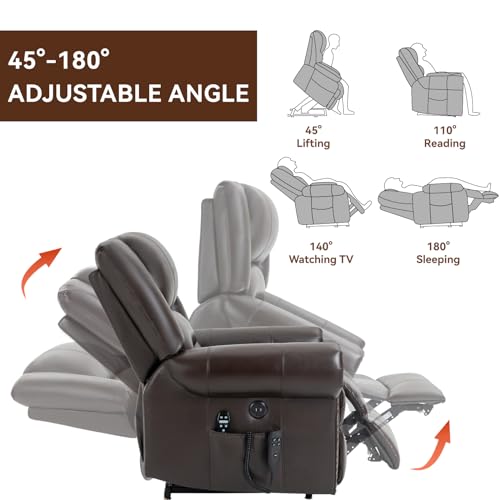 Dual Motor Power Lift Recliner Chair with Massage and Heat, Faux Leather, Brown V8458