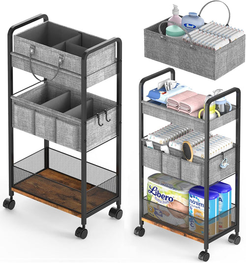 2In1 Baby Diaper Caddy & 3-Tier Rolling Diaper Cart, Diaper Caddy Organizer Cart with Dividers, Metal Detachable Bedside Cart for Baby Nursery Essentials, Large Capacity, Easy to Assemble
