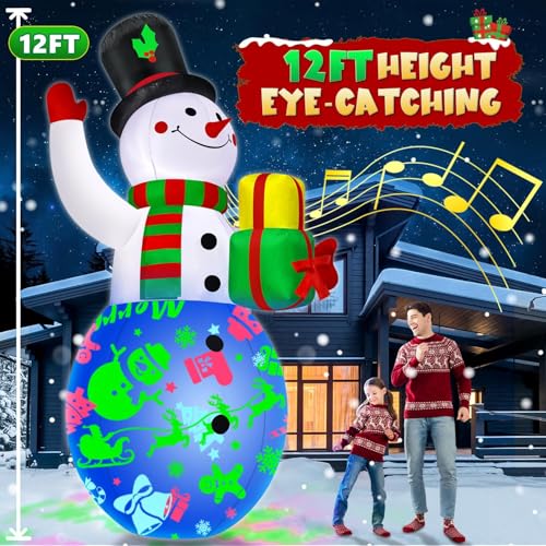 12FT Giant Christmas Inflatables Snowman with Music & 360° Rotation LED Lights Outdoor Decor Z588