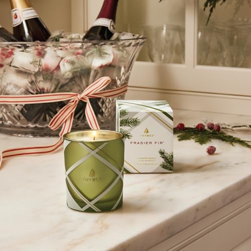 Thymes Frasier Fir Candle – Frosted Plaid Jar – Scented Holiday Candle (6.5 oz) D710