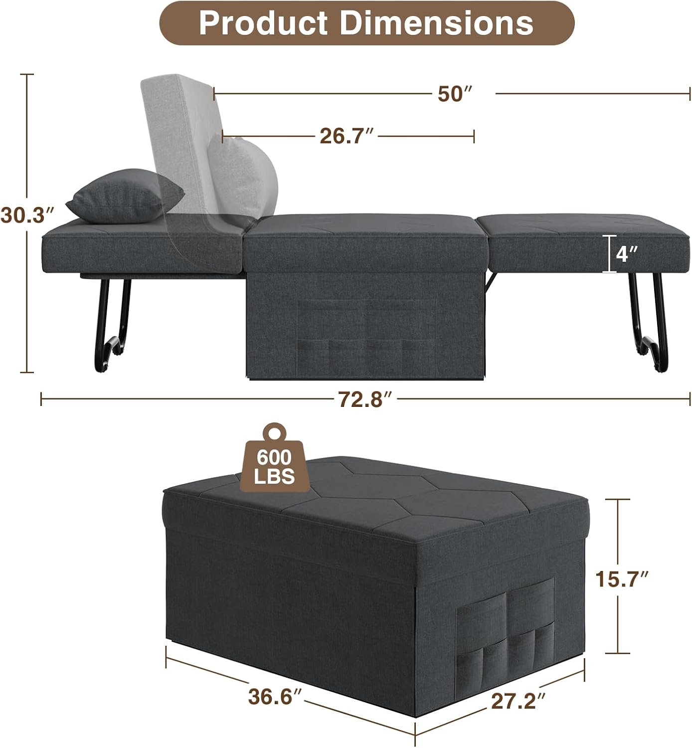 4 in 1 Sleeper Chair Convertible Sofa Bed with Ottoman, Dark Grey W57436