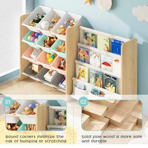 Kids Toy Storage Organizer with Bookshelf, 12 Bin, 4 Shelf, Burlywood E313566