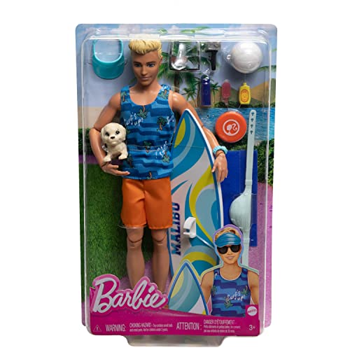 Barbie Ken Doll with Surfboard and Pet Puppy, Poseable Blonde Beach Doll C20925