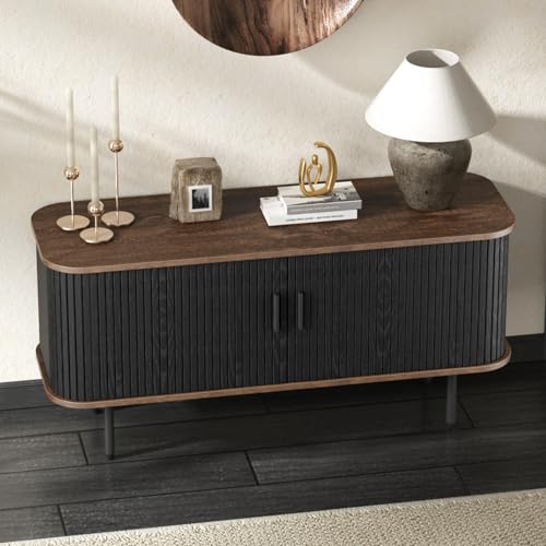 47''W Black Cabinet with Storage, Tambour TV Stand with Sliding Door W84852