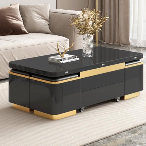 Lift Top Coffee Table with Storage and 4 Stools, Black C543603