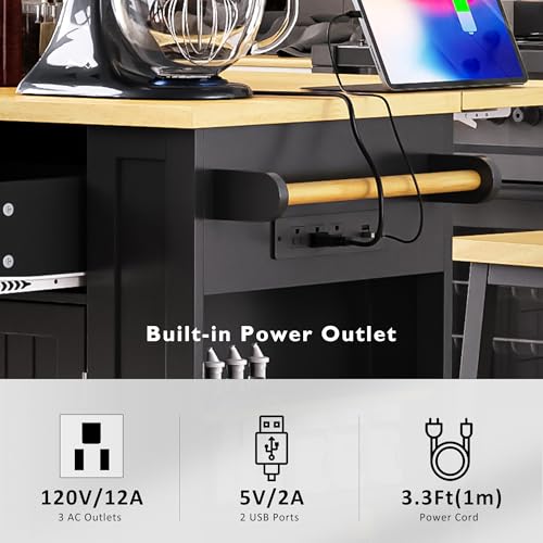 Ball & Cast 48" Kitchen Island with Power Outlet, Rolling Cart, Black H9509