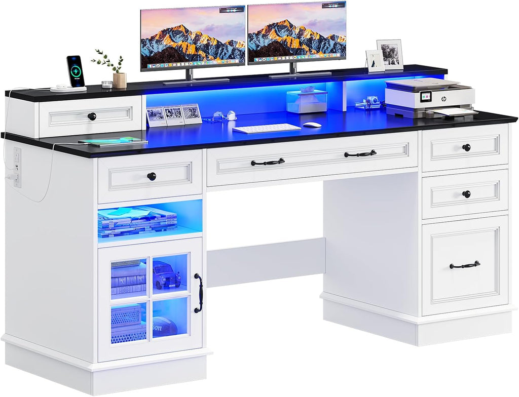 Executive Desk with Drawers, Storage Cabinet & Charging Station, White E513