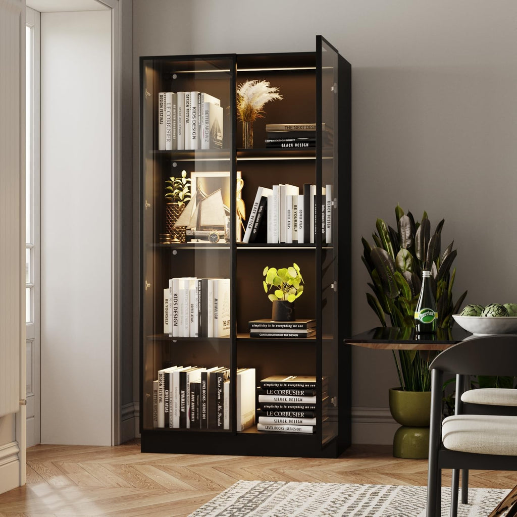 Black Display Cabinet with Glass Doors and Lights, 4-Tier C4875