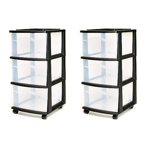 HOMZ 3-Tier Clear Plastic Storage Organizer Cart with Wheels, Black Frame M4715