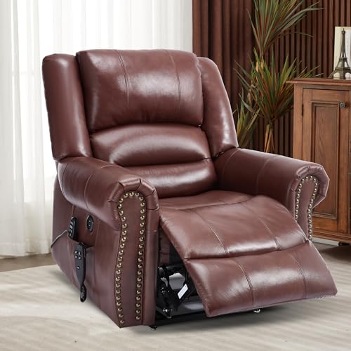 Dual Motor Power Lift Recliner Chair with Massage and Heat, Faux Leather, Brown V8458