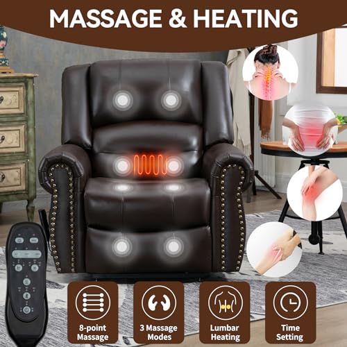Dual Motor Power Lift Recliner Chair with Massage and Heat, Faux Leather, Brown V8458