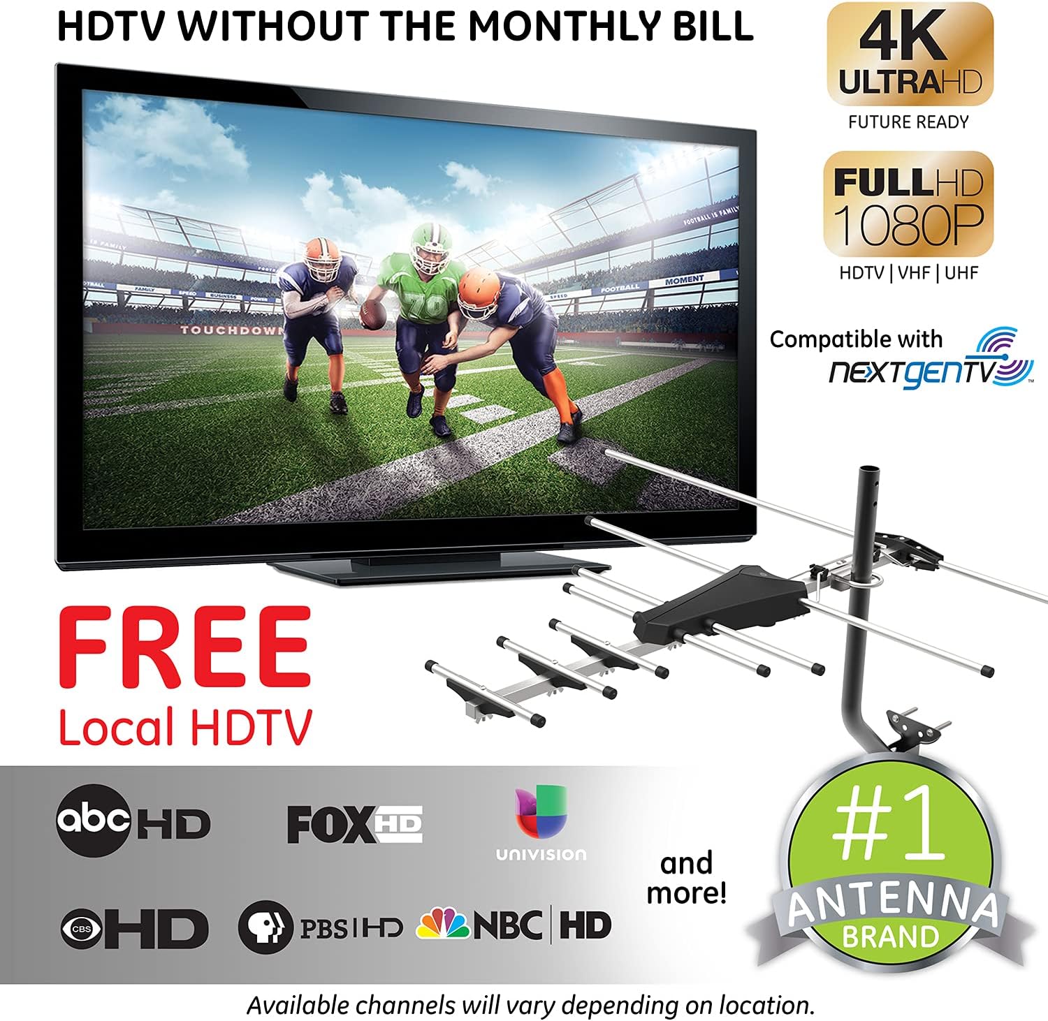 GE Outdoor HD Digital TV Antenna 4K 1080P VHF UHF with J Mount & 50 ft RG6 Coaxial Cable N827566