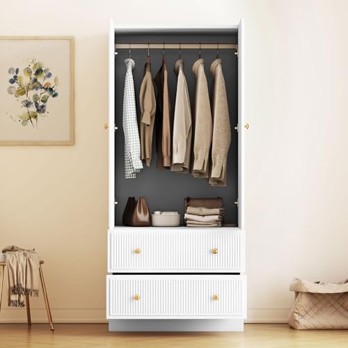 QHITTY Freestanding Armoire Wardrobe with 2 Drawers and Clothing Rod, White B8868