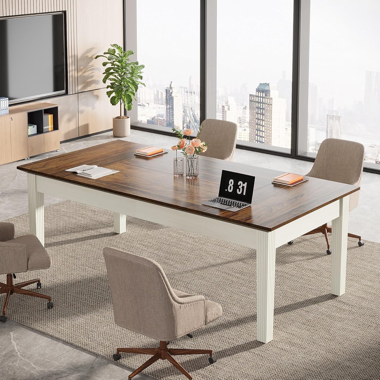 Tribesigns 62-Inch Computer Desk with Solid Wood Legs, Rustic Brown & White B24585