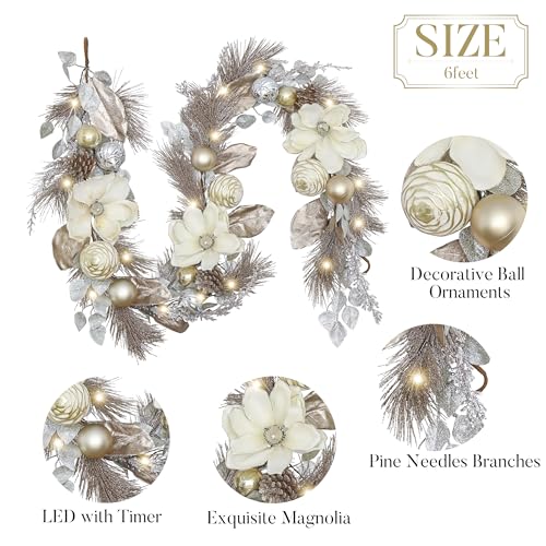 Valery Madelyn 6ft Pre-Lit Christmas Garland with White Gold Balls & Magnolia B766139