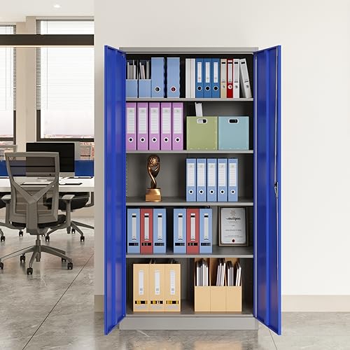 Metal Storage Cabinet with Doors and Shelves, 71" Locking Steel, White L799