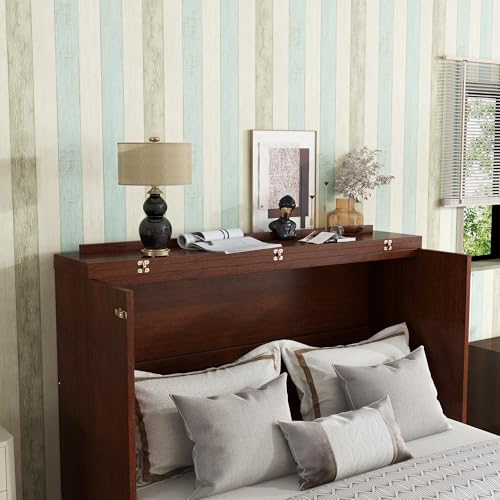 KEIKI Queen Size Murphy Bed with Charging Station and Drawer, Walnut B45816