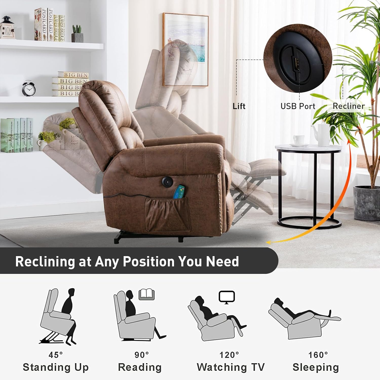 Phoenix Home Power Lift Chair for Elderly Leather Electric Reclining with Massage and Heating, Brown J82667
