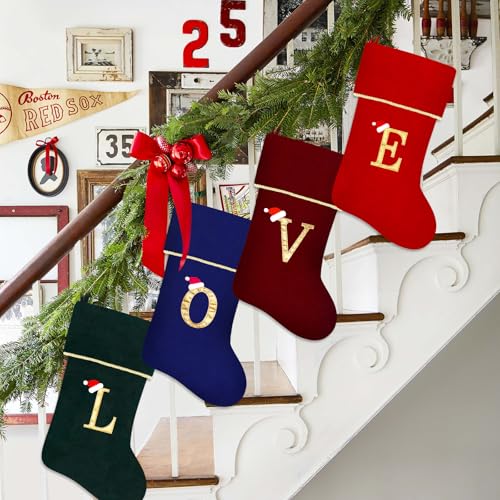 20 Inches Initial Monogram Blue Velvet Christmas Stocking with Gold Trim U394