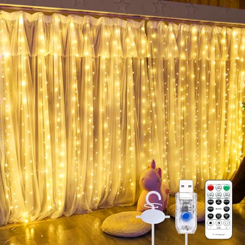 600LED Curtain Lights for Bedroom, Warm White, 8 Modes Y367582