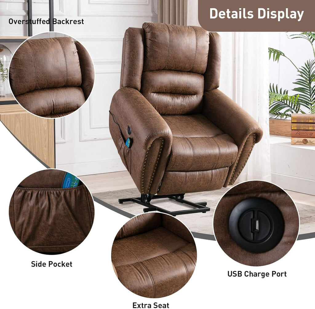 Phoenix Home Power Lift Chair for Elderly Leather Electric Reclining with Massage and Heating, Brown J82667