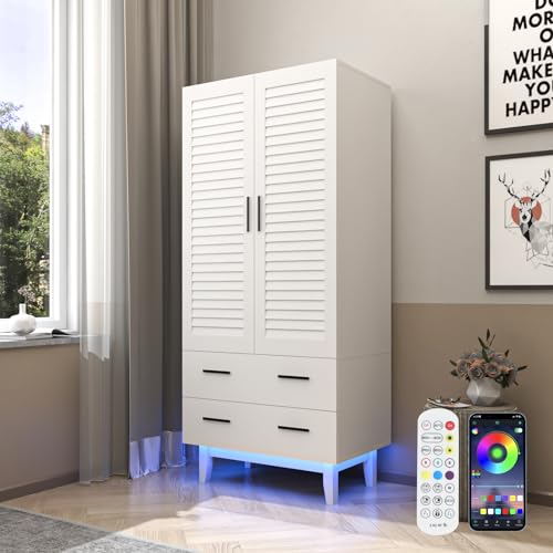 3 Door Armoire Wardrobe with Drawers and LED Lights, White S39322