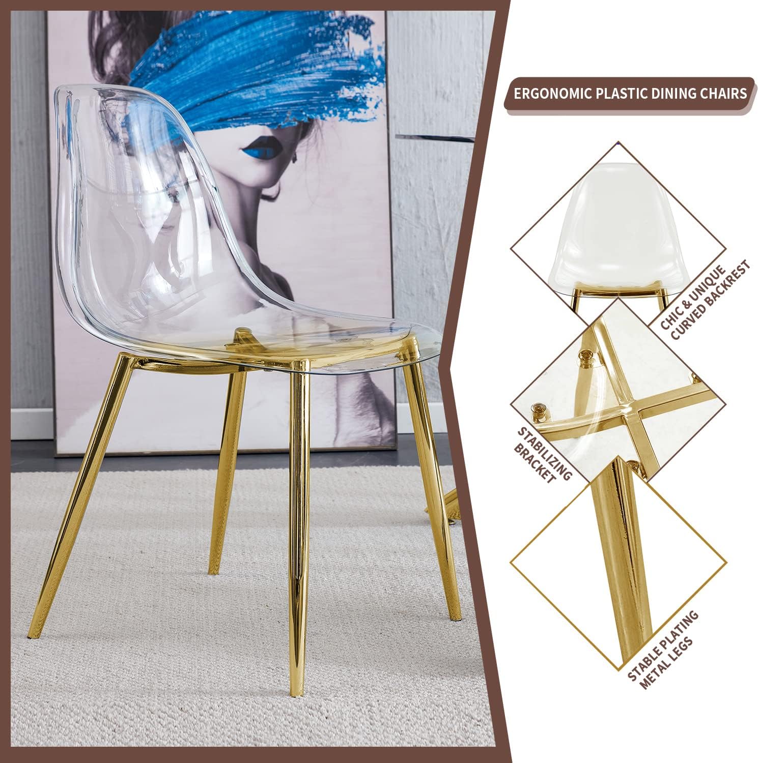 Baysitone Gold Round Glass Dining Table Set for 6 with Clear Acrylic Chairs W1878