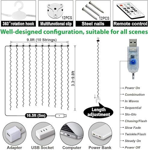 ZSJWL 2 Pack Curtain Lights, 300 LED Warm White with Remote, 9.8 × 9.8 Ft for Bedroom Window G2485