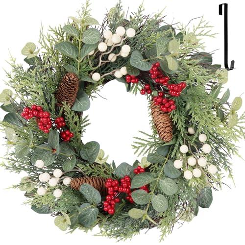 24 Inch Christmas Wreath with Red Ribbon and Pine Cones for Front Door D30392
