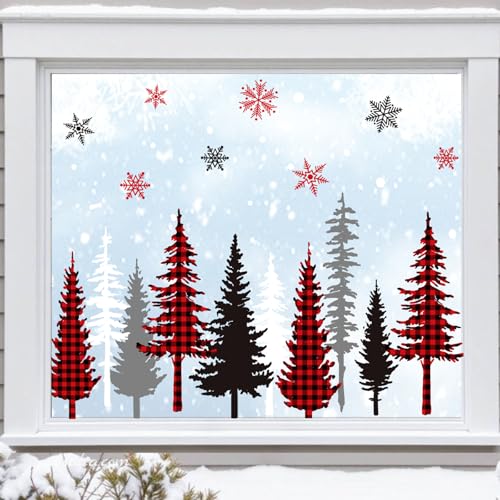 Whaline 9 Sheet Christmas Window Clings Snowy Forest Trees Reusable Window Decals H27510