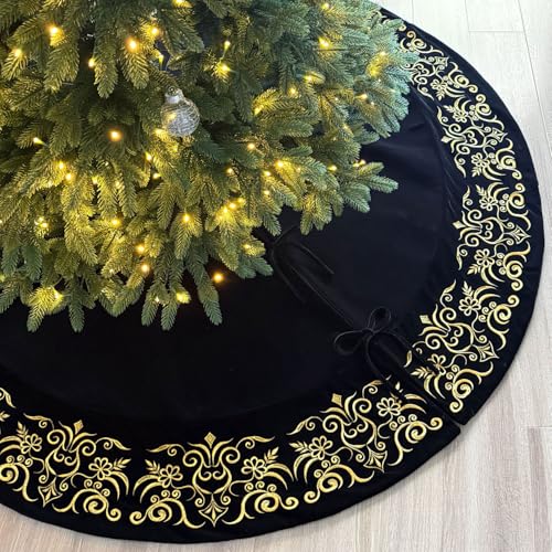 Burgundy Victorian Velvet Christmas Tree Skirt with Gold Damask Embroidery Q6345