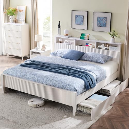 T4TREAM Fluted Panel King Bed Frame with Bookcase Headboard & Charging Station, Dark Grey N415357