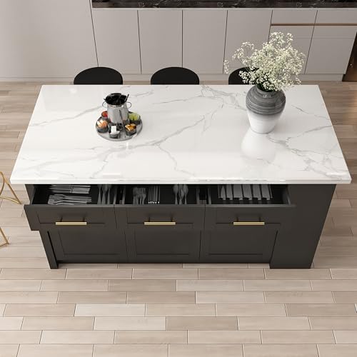 homary 72" Kitchen Island with Storage, White Dining Table with Seating & 3 Drawers H6352