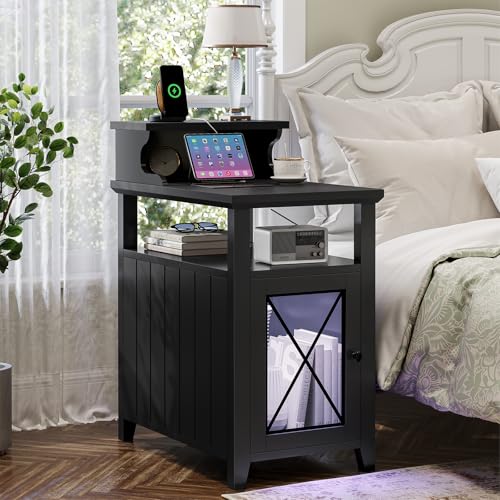 Itaar Farmhouse End Table with Charging Station and LED Lights, Black V906926