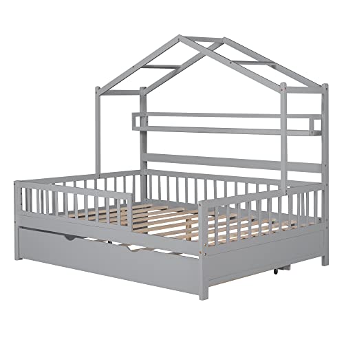 Full Size House Bed with Storage Shelf, Wooden Frame with Guardrail R174