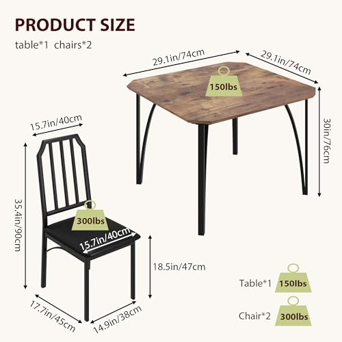 GAOMON Dining Table Set for 2 with Cushion Seats, Rustic Brown L77092