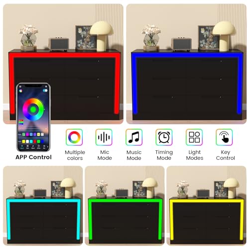 6 Drawer Dresser with LED Light for Bedroom, Black Y421