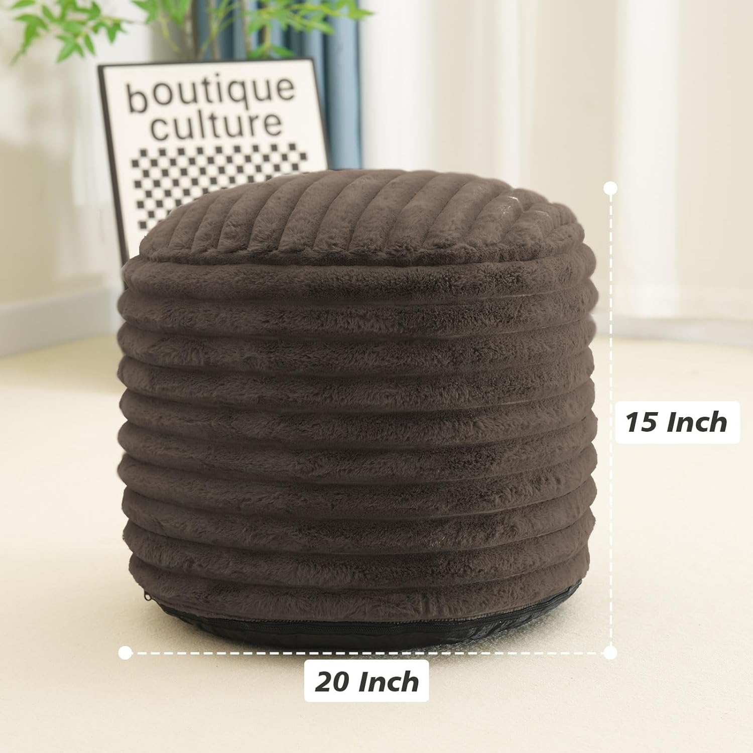 Faux Fur Pouf Ottoman Foot Rest Stool with Foam Filling, 20 x 15 Inch, Brown F338