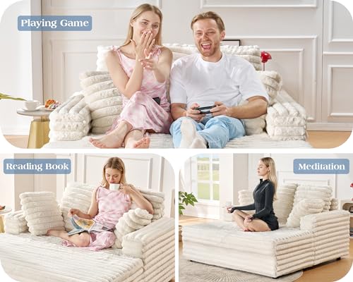 VanAcc 53 Inch Upholstered Chaise Lounge Sofa Bed with Throw Pillows, Off-White W119
