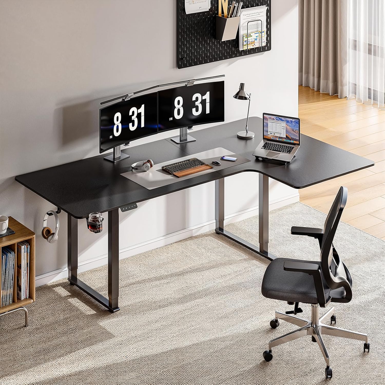 Standing Desk, 63x43 Inches L Shaped Desk with 4 Legs, Dual Motor and Memory Controller, Electric Stand Up Desk Adjustable Height from 28-46 Inches for Computer Workstation Black