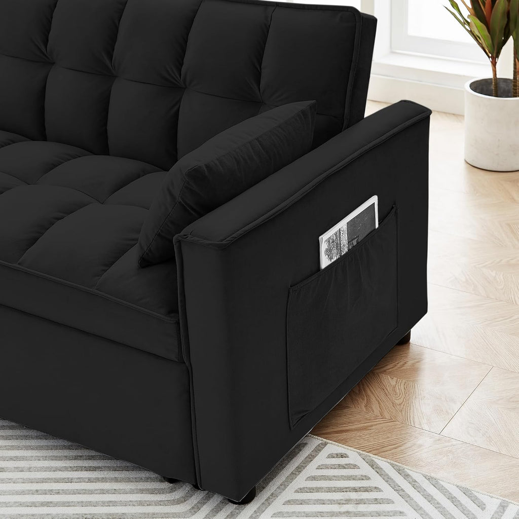 55" Full Size Pull Out Couch 3-in-1 Convertible Futon Sofa Bed, Fluffy Velvet Loveseat U526859
