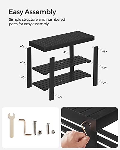 SONGMICS 3-Tier Bamboo Shoe Rack Bench, Entryway Storage, Ink Black X802