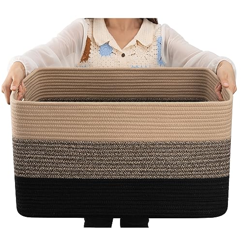OIAHOMY Large Rectangle Woven Blanket Basket with Handle, Gradient Blue B58762