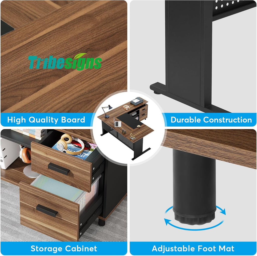 63 Inch L Shaped Executive Computer Desk with File Cabinet, Brown and Black G986925