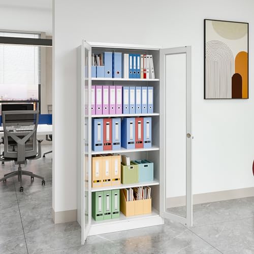 Metal Storage Cabinet with Doors and Shelves, 71" Locking Steel, White L799